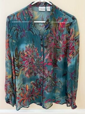 Chicos sheer button down floral silk blouse size 1 medium
